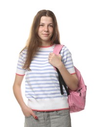 Photo of Teenage girl with backpack on white background