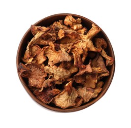 Photo of Dried chanterelle mushrooms in bowl isolated on white, top view