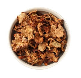 Photo of Dried chanterelle mushrooms in bowl isolated on white, top view