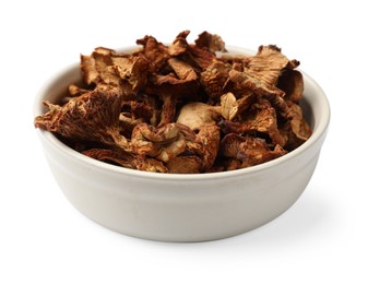 Photo of Dried chanterelle mushrooms in bowl isolated on white