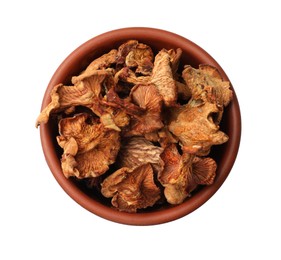 Photo of Dried chanterelle mushrooms in bowl isolated on white, top view