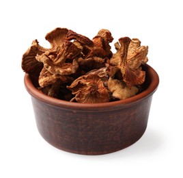 Photo of Dried chanterelle mushrooms in bowl isolated on white