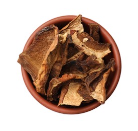 Photo of Pieces of dried mushrooms in bowl isolated on white, top view