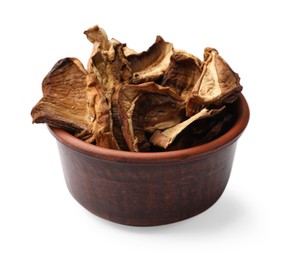 Photo of Pieces of dried mushrooms in bowl isolated on white