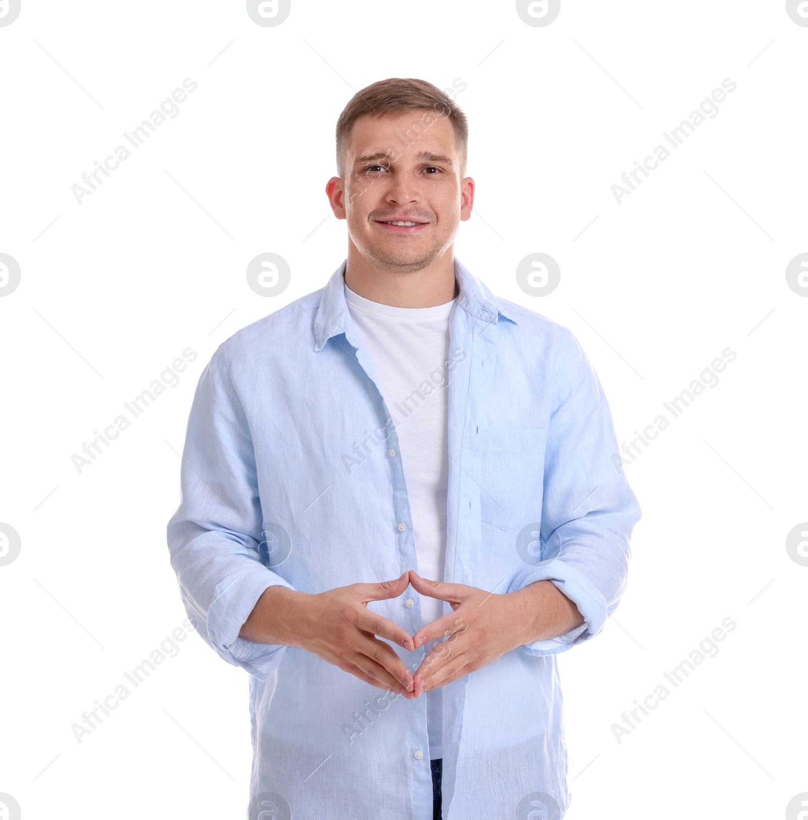 Portrait of smiling psychologist on white background Photo of Portrait of smiling psychologist on white background