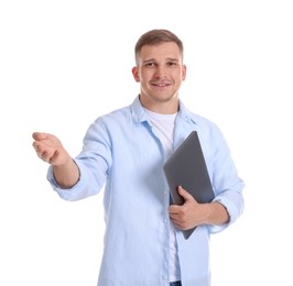 Photo of Smiling psychologist with laptop on white background
