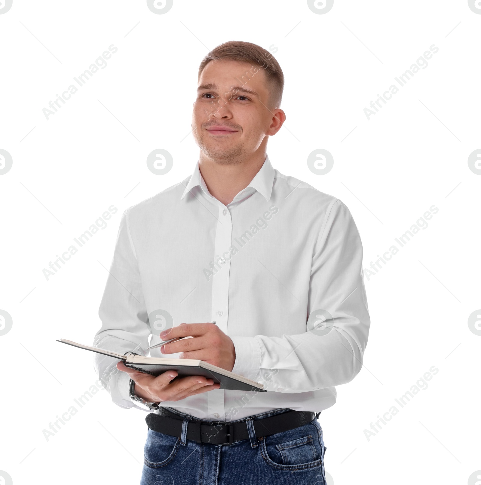 Photo of Psychologist with notepad and pen on white background