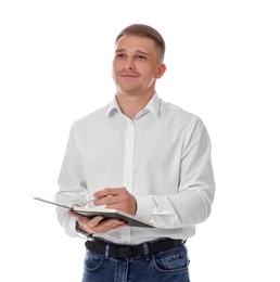 Photo of Psychologist with notepad and pen on white background