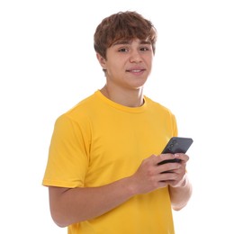 Photo of Smiling teenage boy with smartphone on white background