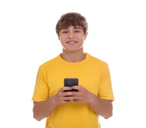 Photo of Smiling teenage boy with smartphone on white background