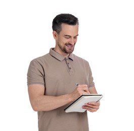 Photo of Professional psychologist with notebook on white background