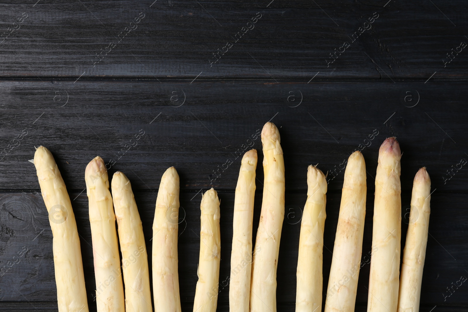 Raw white asparagus spears on black wooden table, flat lay. Space for text Photo of Raw white asparagus spears on black wooden table, flat lay. Space for text