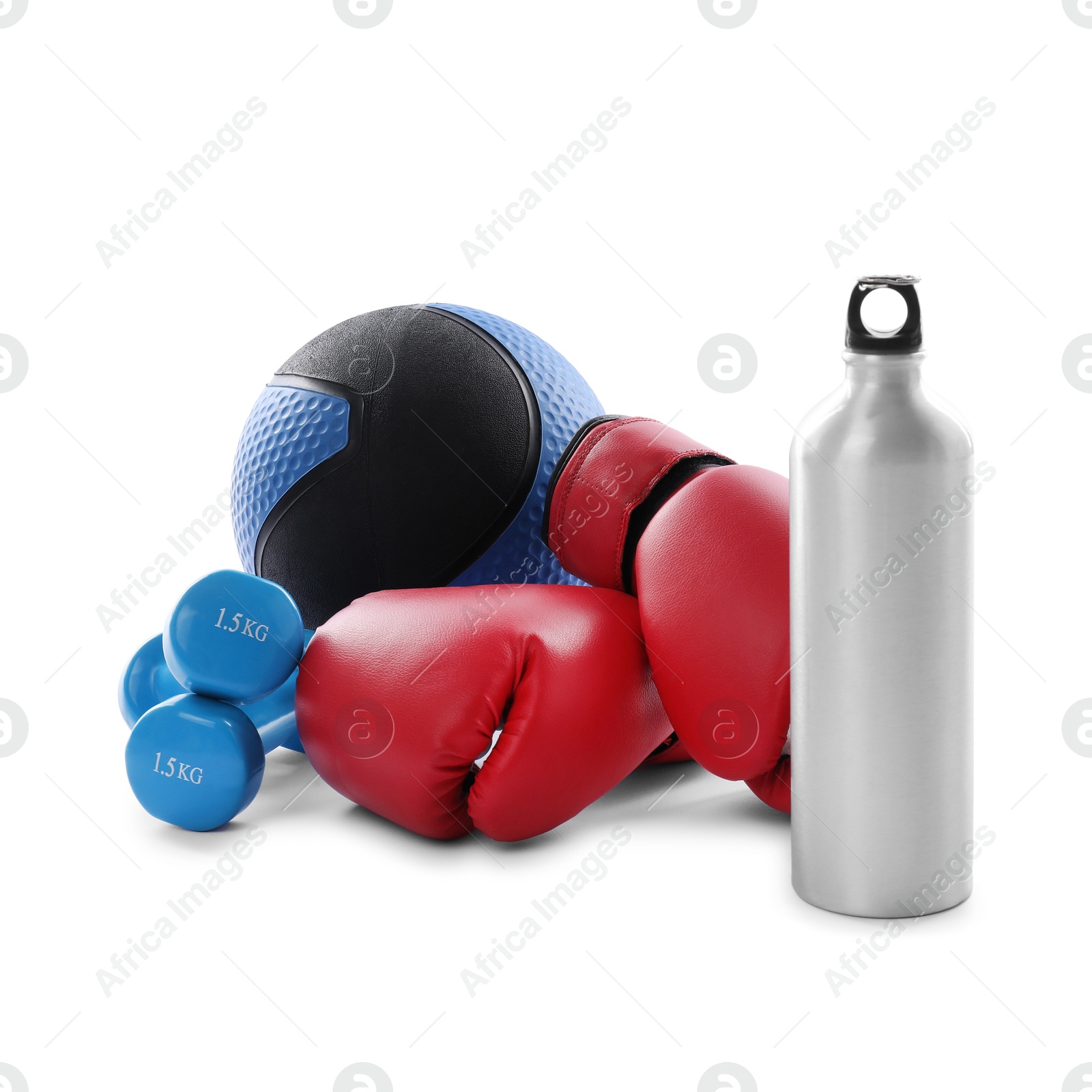 Medicine ball, dumbbells, water bottle and boxing gloves isolated on white Photo of Medicine ball, dumbbells, water bottle and boxing gloves isolated on white