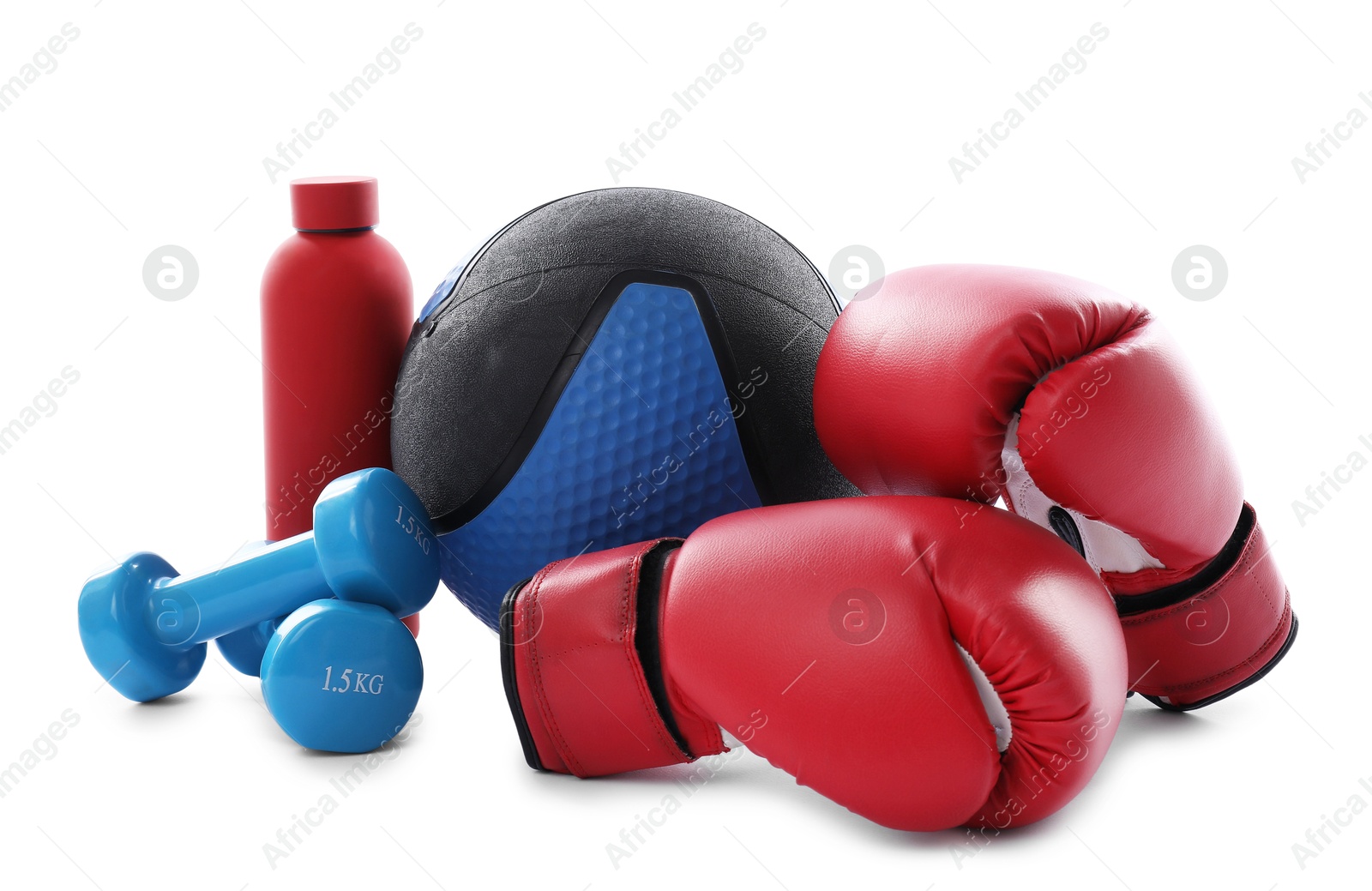 Photo of Medicine ball, dumbbells, water bottle and boxing gloves isolated on white