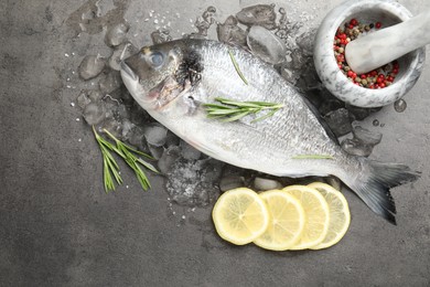 Photo of Fresh raw dourade fish, ice, lemon slices and rosemary on grey table, flat lay. Organic seafood