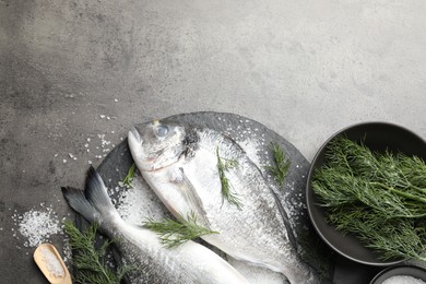 Photo of Organic seafood. Fresh raw dourade fish, salt and dill on grey table, flat lay. Space for text