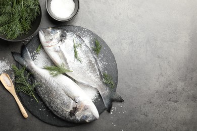 Photo of Organic seafood. Fresh raw dourade fish, salt and dill on grey table, flat lay. Space for text