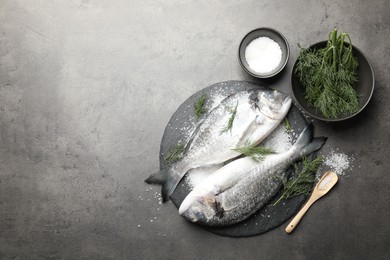 Photo of Organic seafood. Fresh raw dourade fish, salt and dill on grey table, flat lay. Space for text