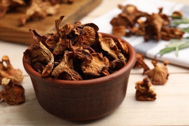 Photo of Dried chanterelle mushrooms in bowl on light wooden table, closeup