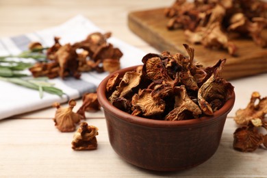 Photo of Dried chanterelle mushrooms in bowl on light wooden table, closeup
