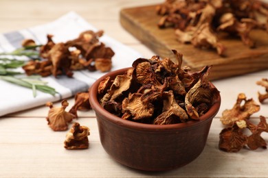 Photo of Dried chanterelle mushrooms in bowl on light wooden table, closeup