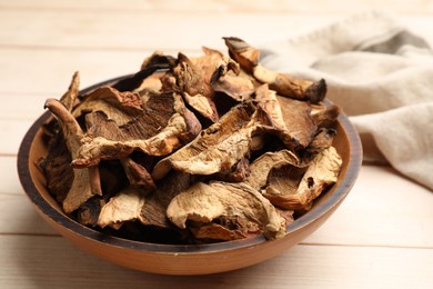 Photo of Pieces of dried mushrooms in bowl on light wooden table, closeup
