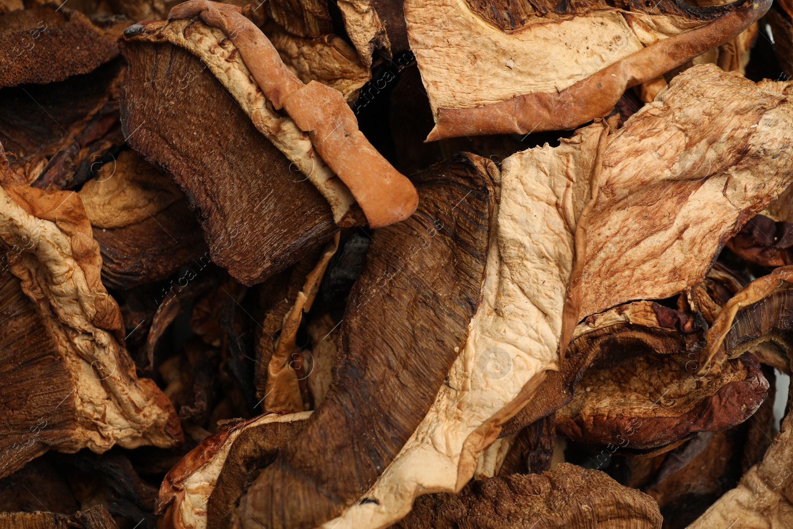 Pieces of dried mushrooms as background, top view Photo of Pieces of dried mushrooms as background, top view