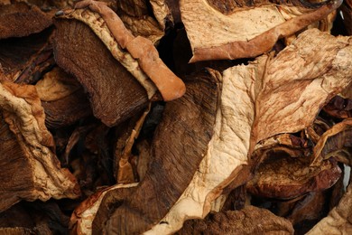 Photo of Pieces of dried mushrooms as background, top view
