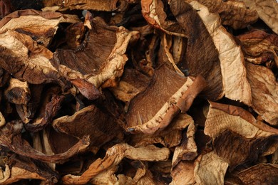 Photo of Pieces of dried mushrooms as background, top view