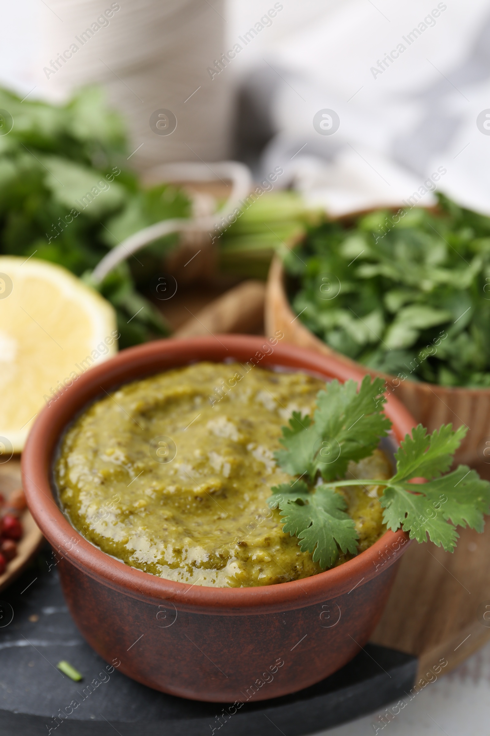 Tasty sauce with cilantro and other ingredients on table, closeup Photo of Tasty sauce with cilantro and other ingredients on table, closeup