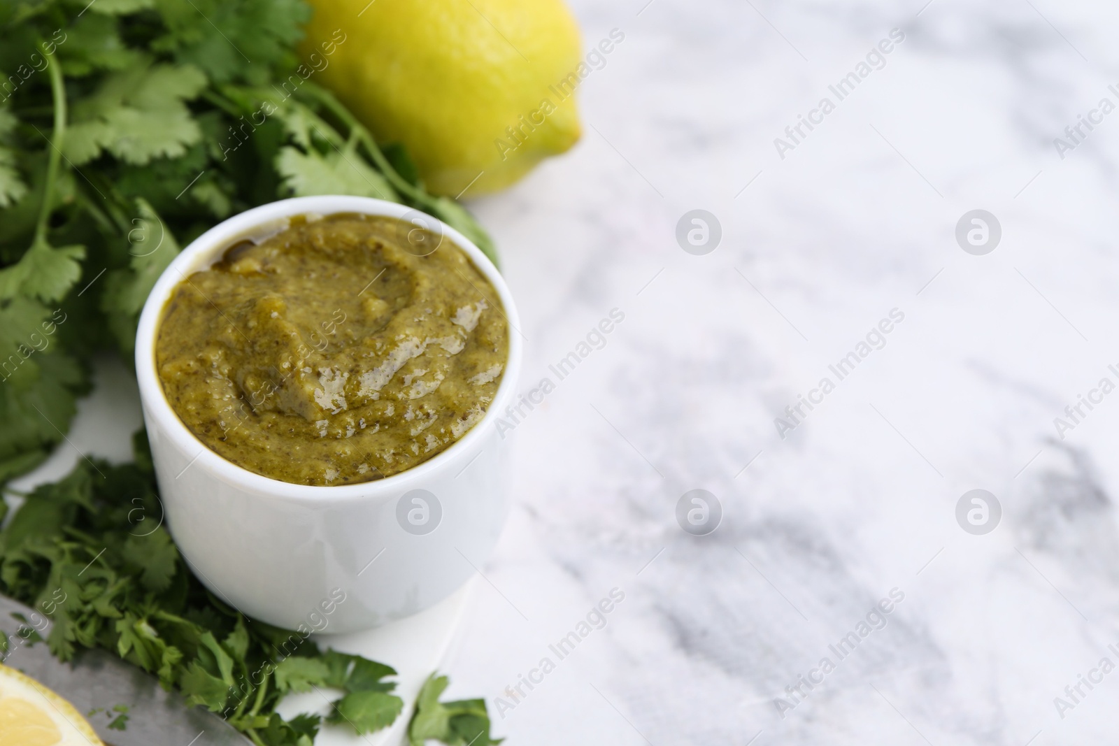 Tasty sauce with cilantro and lemon on white marble table, closeup. Space for text Photo of Tasty sauce with cilantro and lemon on white marble table, closeup. Space for text