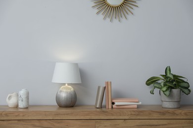 Photo of Lamp, books, vases and green houseplant on wooden cabinet near white wall indoors