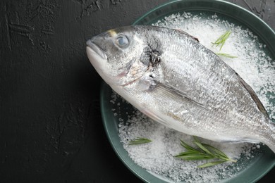 Photo of Organic seafood. Fresh raw dourade fish, salt and rosemary in bowl on black table, top view. Space for text