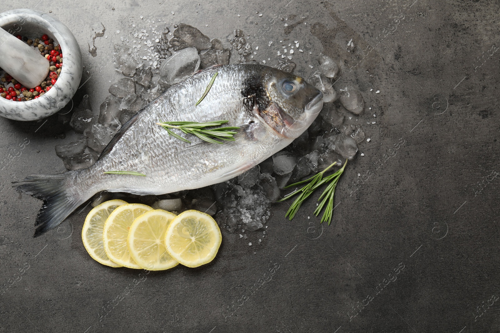 Organic seafood. Fresh raw dourade fish, ice, lemon slices and rosemary on grey table, flat lay. Space for text Photo of Organic seafood. Fresh raw dourade fish, ice, lemon slices and rosemary on grey table, flat lay. Space for text