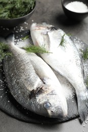 Photo of Organic seafood. Fresh raw dourade fish, salt and dill on grey table, closeup