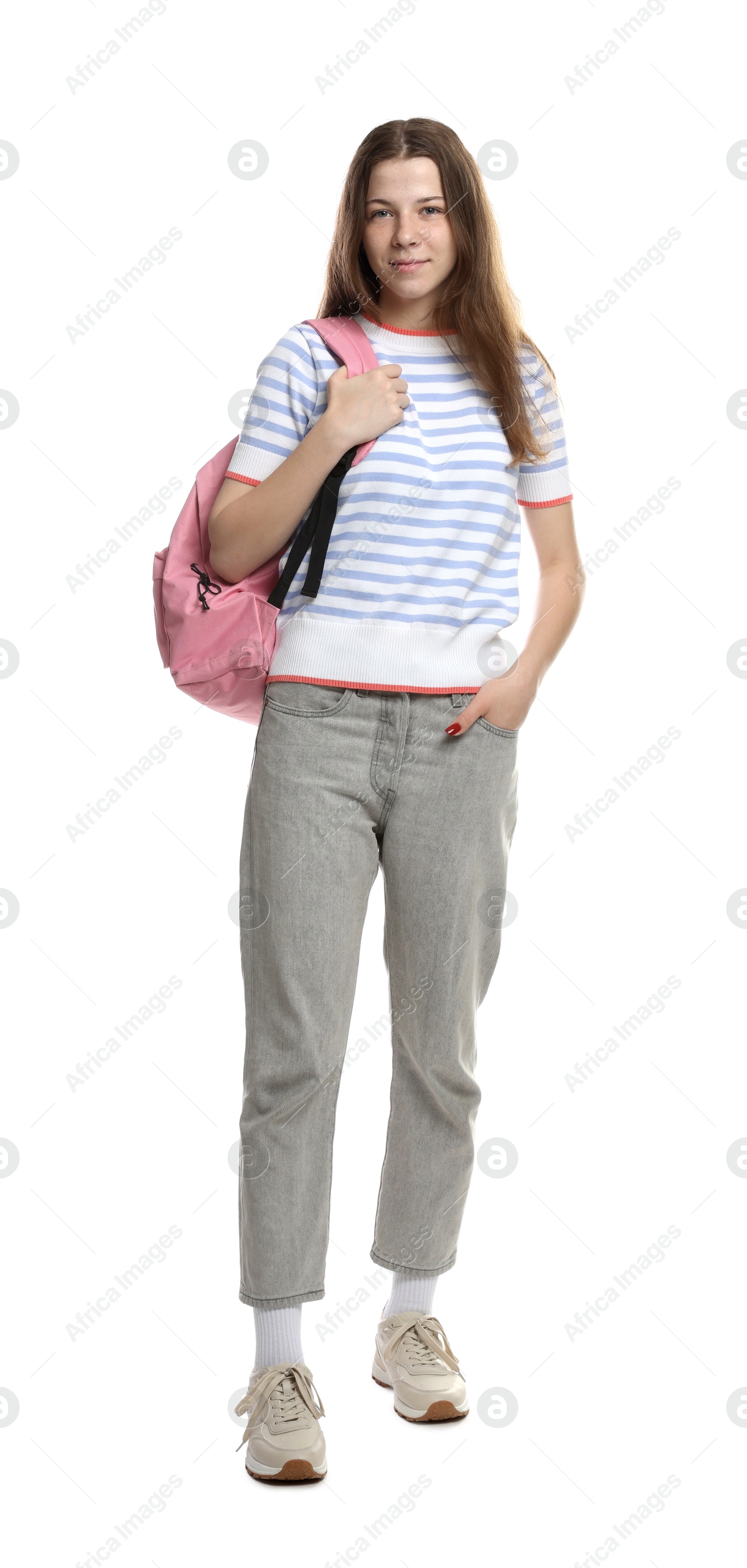 Teenage girl with backpack on white background Photo of Teenage girl with backpack on white background