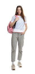 Photo of Teenage girl with backpack on white background