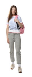 Photo of Teenage girl with backpack on white background
