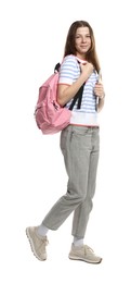 Photo of Teenage girl with laptop and backpack on white background