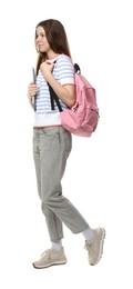 Photo of Teenage girl with laptop and backpack on white background
