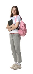 Photo of Teenage girl with laptop and backpack on white background