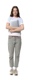 Photo of Teenage girl with laptop on white background