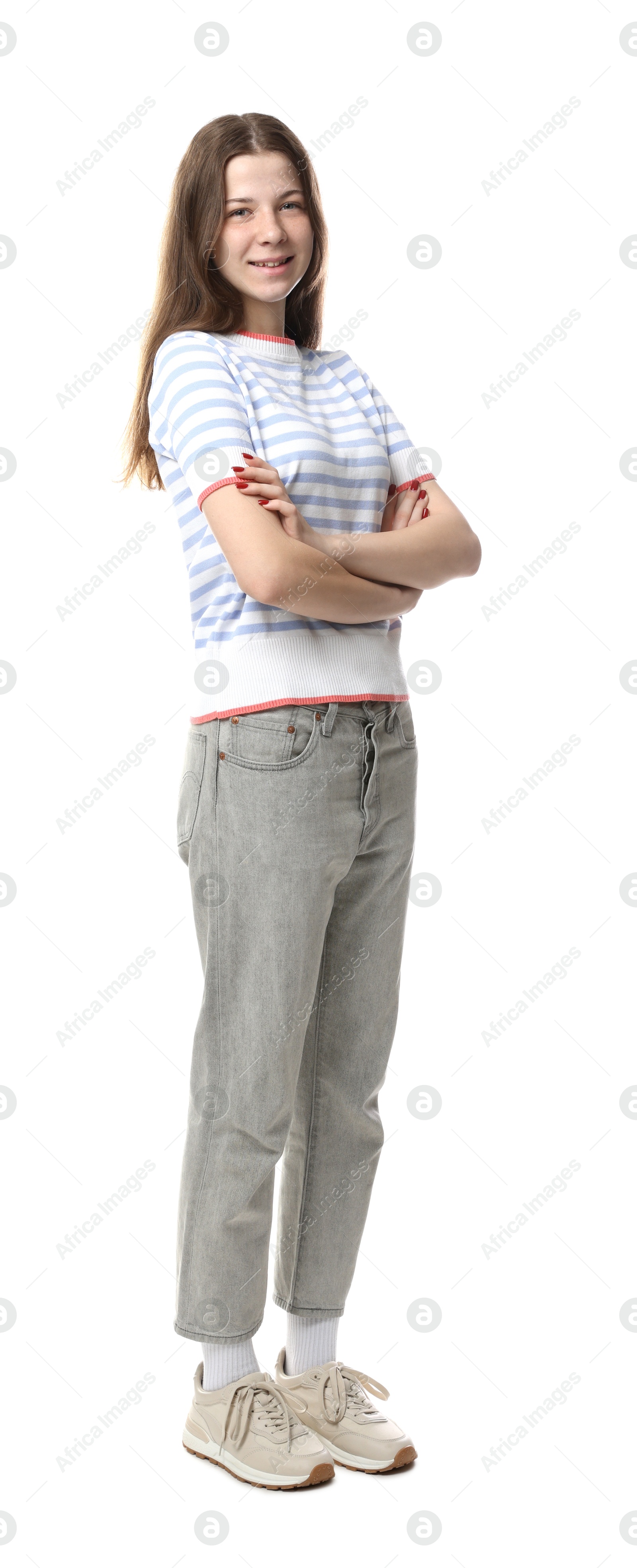Portrait of teenage girl on white background Photo of Portrait of teenage girl on white background