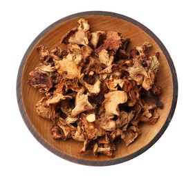 Photo of Dried chanterelle mushrooms in bowl isolated on white, top view