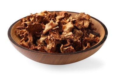 Photo of Dried chanterelle mushrooms in bowl isolated on white
