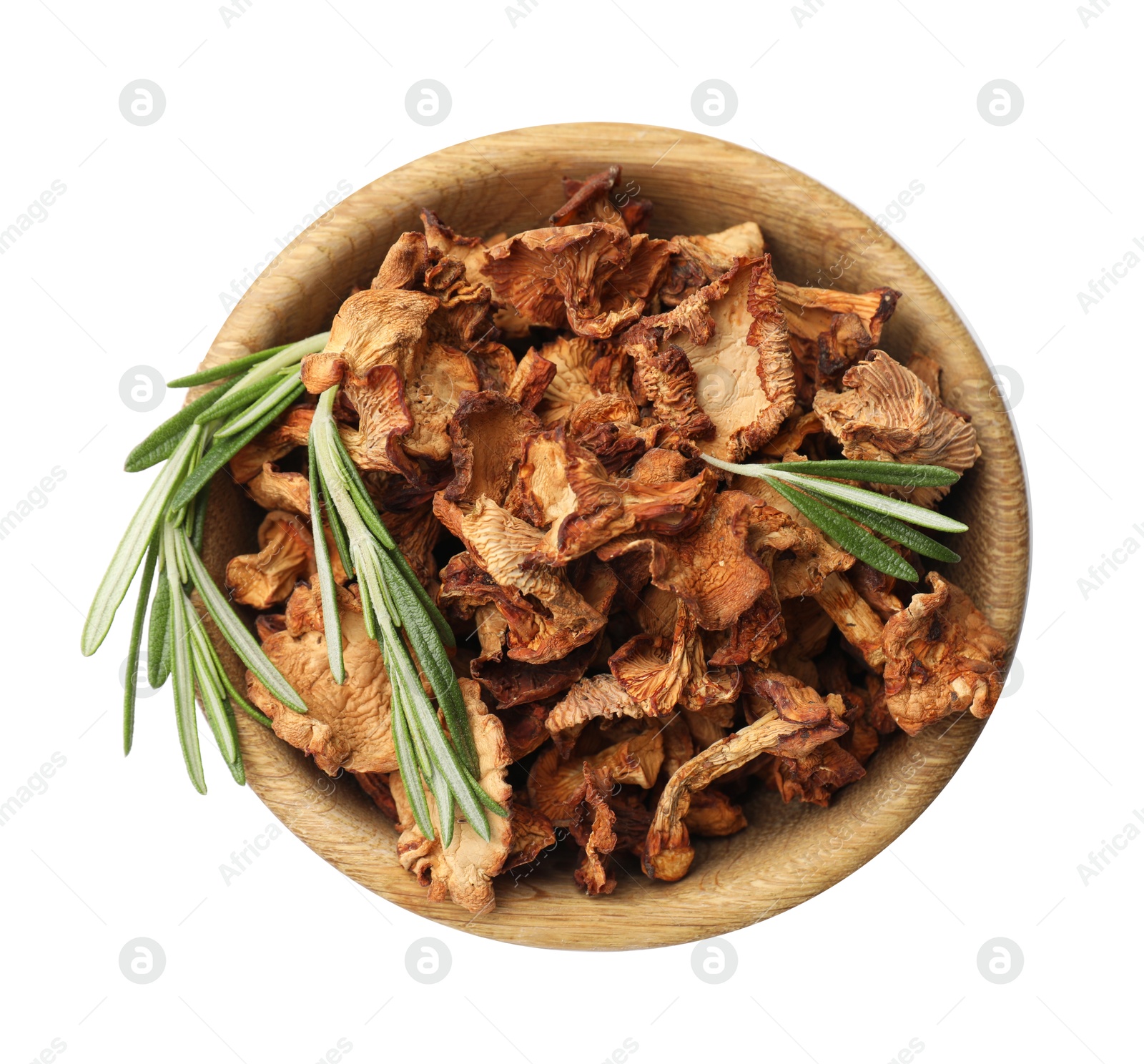 Dried chanterelle mushrooms and rosemary in bowl isolated on white, top view Photo of Dried chanterelle mushrooms and rosemary in bowl isolated on white, top view