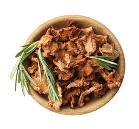 Photo of Dried chanterelle mushrooms and rosemary in bowl isolated on white, top view