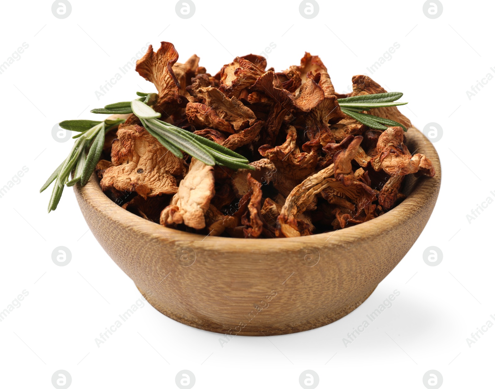 Photo of Dried chanterelle mushrooms and rosemary in bowl isolated on white