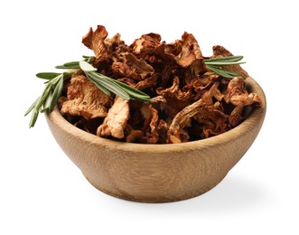 Photo of Dried chanterelle mushrooms and rosemary in bowl isolated on white
