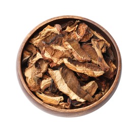 Photo of Pieces of dried mushrooms in bowl isolated on white, top view